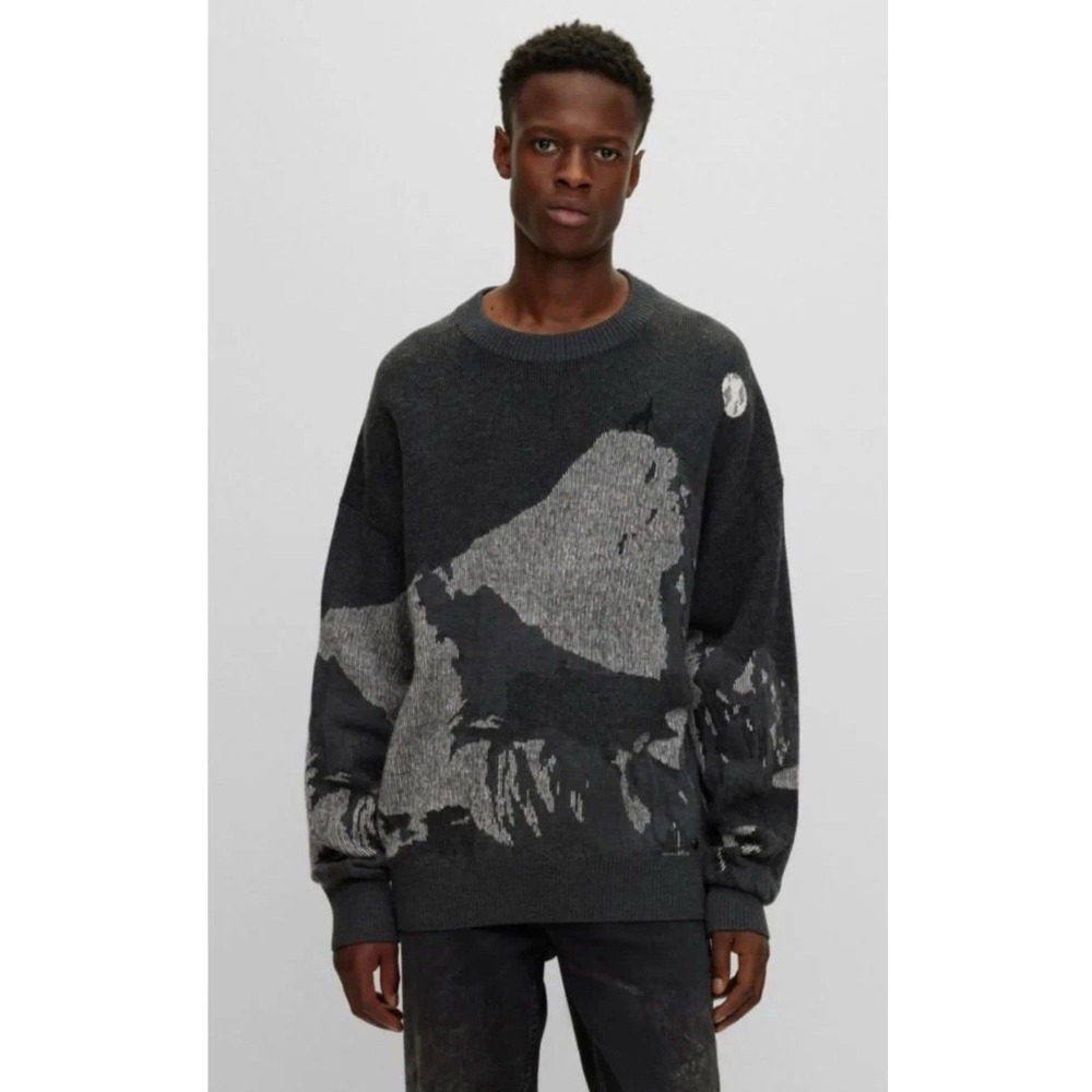 HUGO Wool-blend Oversize Fit Sweater with Seasonal Jacquard Men's XL Dark Grey~